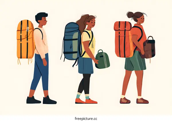 Three Friends Ready for Adventure with Backpacks