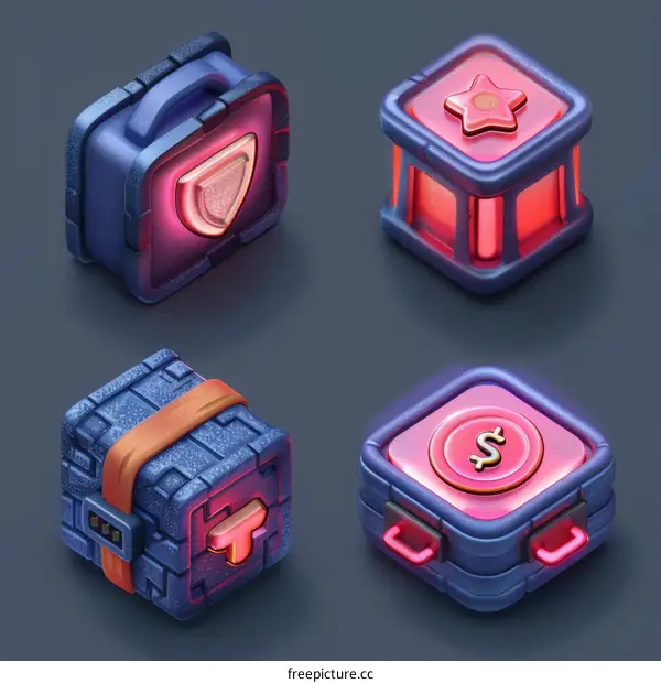 3D rendering of four colorful boxes with different symbols on each