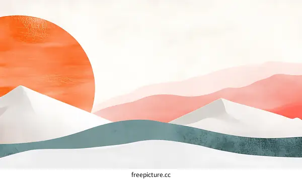 Abstract Minimalist Mountain Landscape With A Red Sun