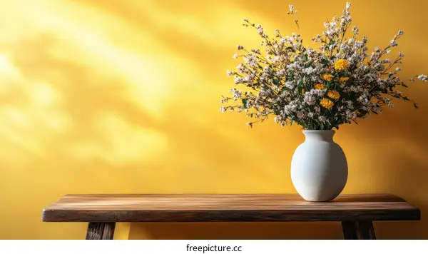 Floral Arrangement on Wooden Table Against Yellow Wall