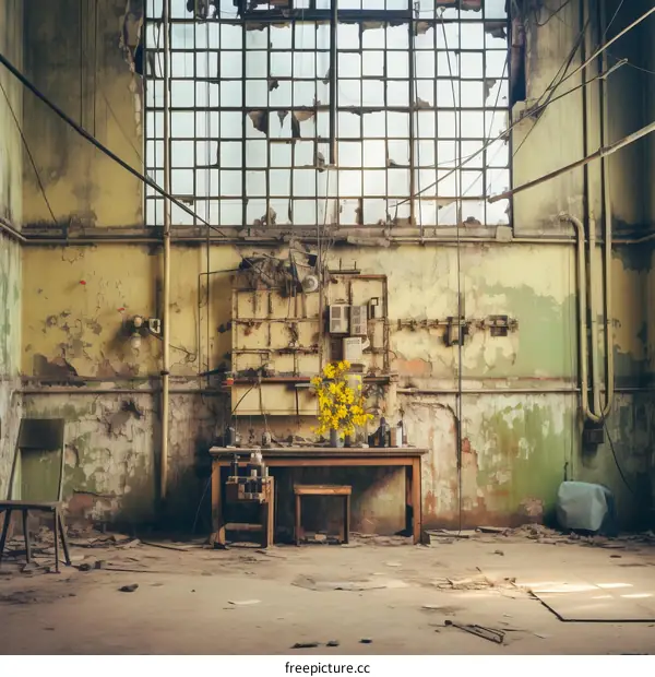 Rundown Industrial Building with Broken Windows
