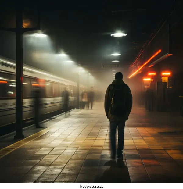 A lone figure stands on a foggy train platform as a train speeds by.