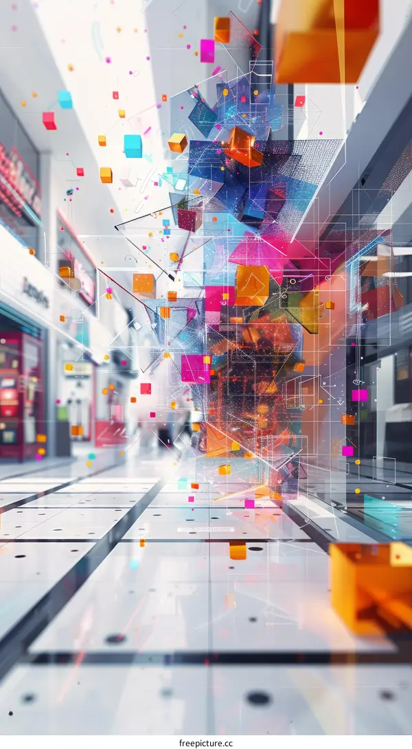 An illustration of colorful 3D shapes floating in a shopping mall