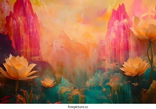 Abstract Mountain Landscape With Golden Lotus Flowers