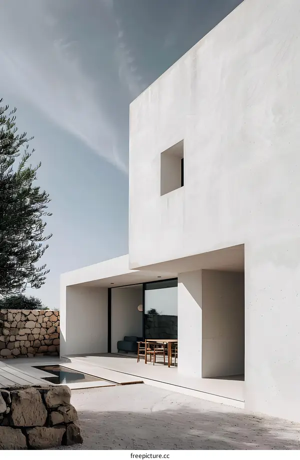 Minimalist Modern House Exterior with Stone Wall and Patio
