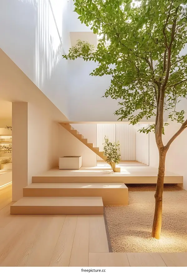 Minimalist Modern House Interior Design With Tree and Wooden Stairs