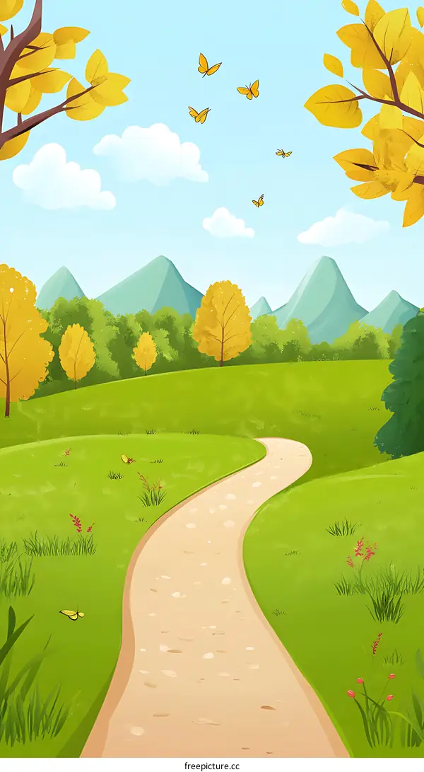 Winding Path Through a Green Meadow with Butterflies