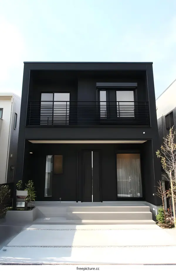 Modern Black House with Balcony and Double Doors
