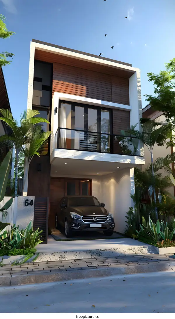 Modern House Design with Wooden Facade and Balcony