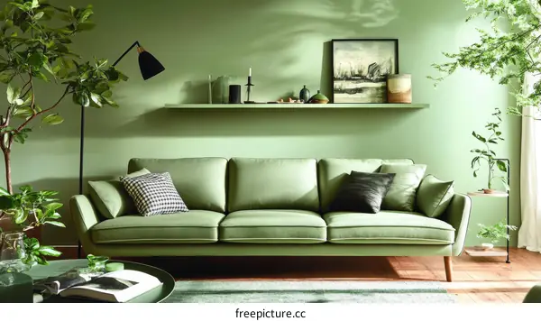 Green Living Room Interior Design with Plants and Sofa