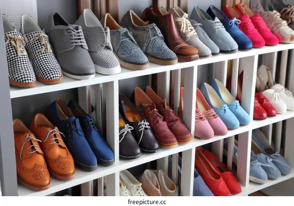 Variety of Shoes on Display in a Shoe Rack