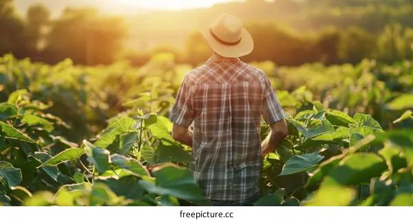 A farmer wearing a hat is inspecting his soybean field.