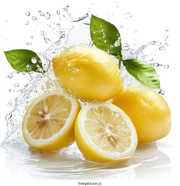 Fresh Lemons in Water Splash with Leaves