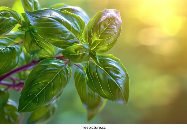 Close-up of fresh green basil leaves growing in the garden with sunlight in the background