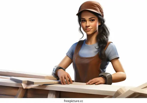 A young female carpenter is working on a wooden project.