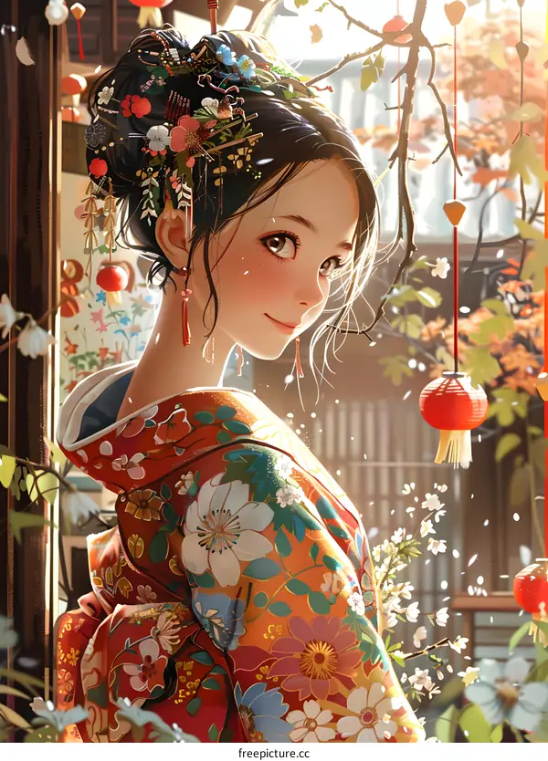 A beautiful Japanese girl in a kimono standing in a garden