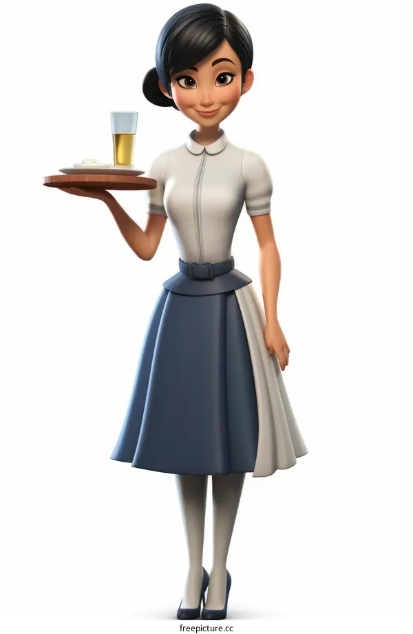Female Waitress in Retro Uniform with Tray of Food and Drink