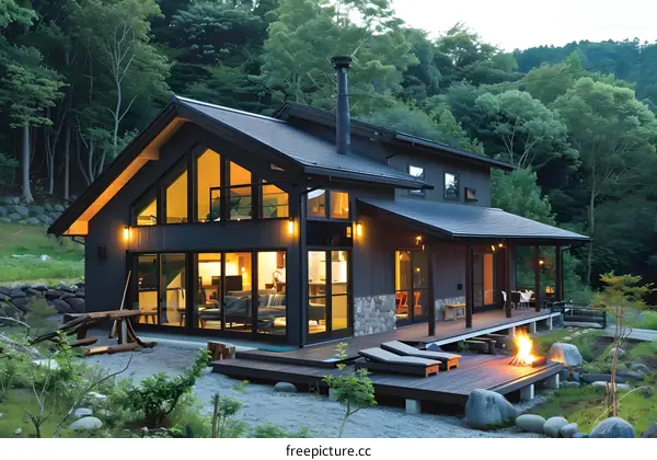 Modern Cabin Home with Large Windows and Deck Surrounded by Forest