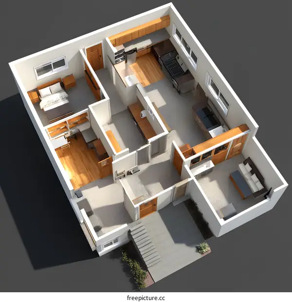 3D Floor Plan Of A House With A Kitchen, Living Room, Bedroom, And Bathroom