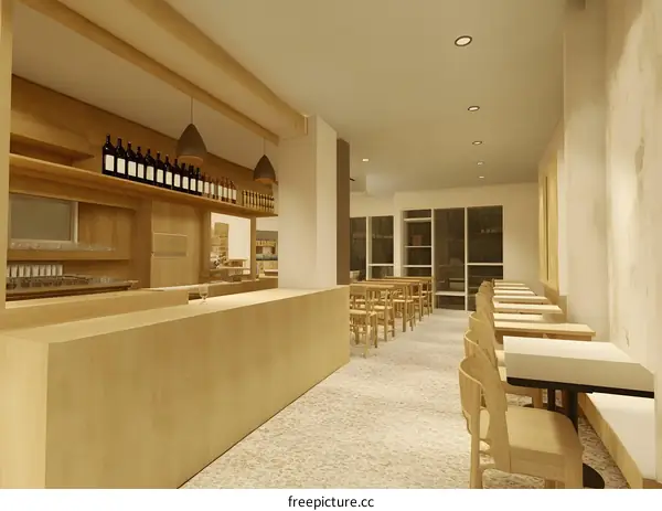 Modern Minimalist Bar Interior Design With Wooden Furniture And Warm Lighting