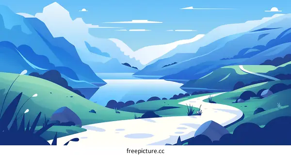 Mountain Landscape With Winding Path And Lake