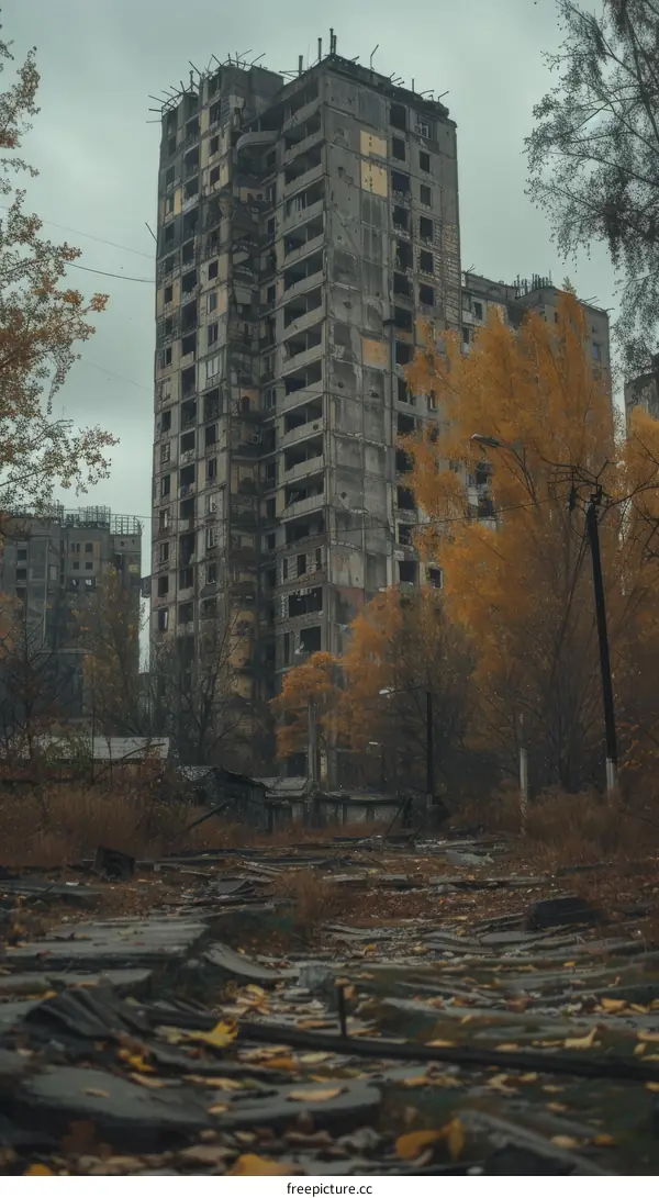 An abandoned and dilapidated Soviet-era apartment building with broken windows and overgrown plants