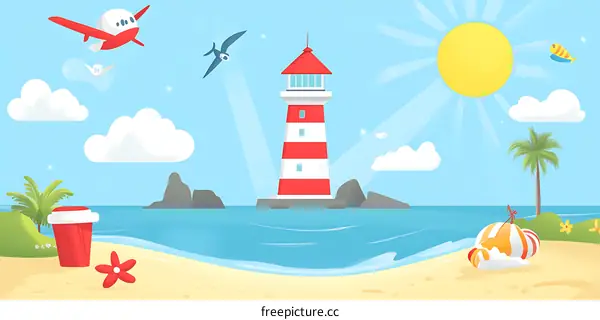 Summertime Beach Illustration With Lighthouse