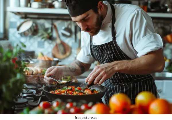 Young male chef cooking in a restaurant kitchen