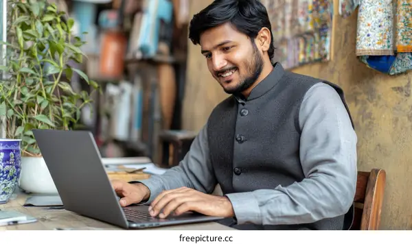 Businessman Working on Laptop Outdoor Shop