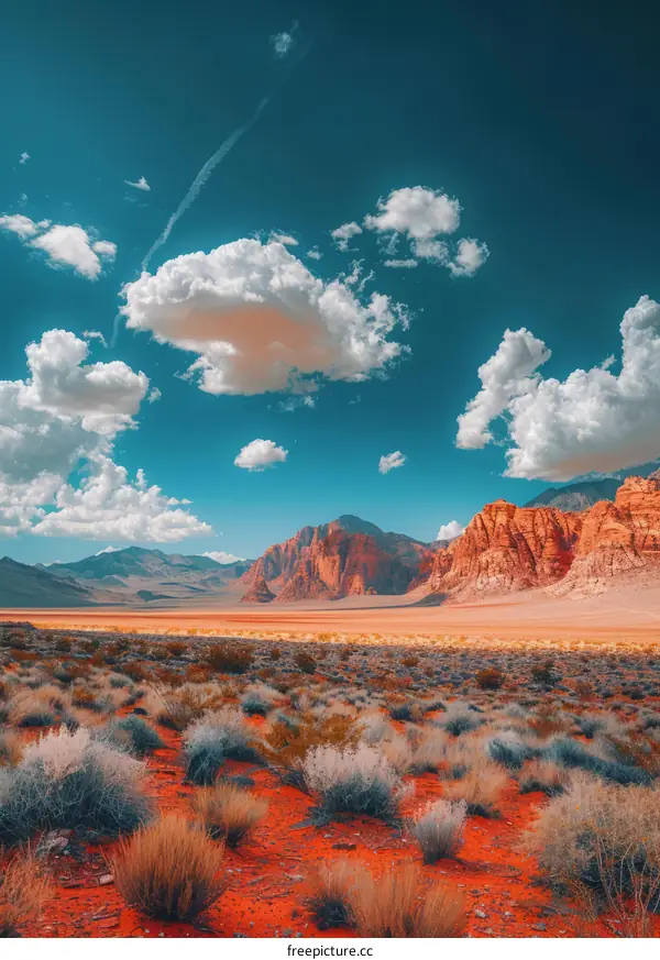 Arid desert landscape with red rocks and a blue sky