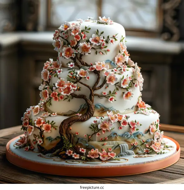 Three-tiered wedding cake decorated with pink cherry blossoms and a cherry blossom tree with mountains and a waterfall in the background