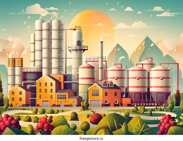 Industrial Factory with Sunset and Mountain Background Illustration