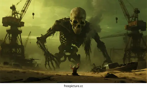 Giant Skeleton Monster Standing Over Small Human Figure in Abandoned Port