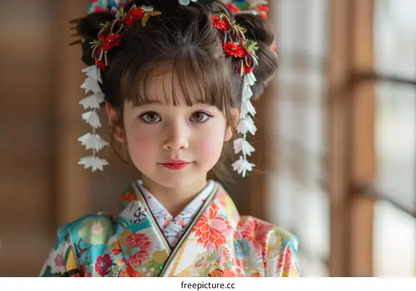 Portrait of a Young Girl in Traditional Japanese Kimono