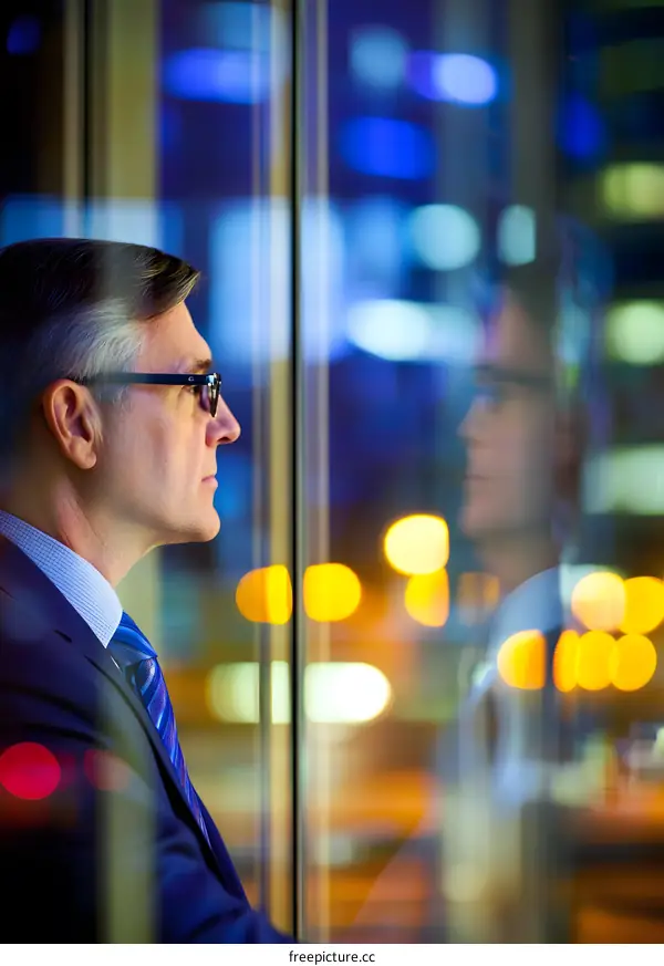 Businessman Looking Out Window at City Lights