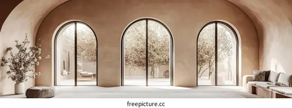 Beige Interior Design with Archways and Courtyard View