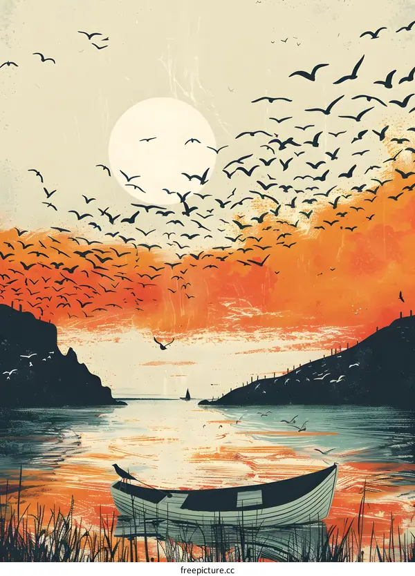Sunset Landscape with Birds and a Boat