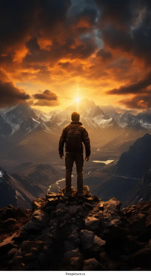 Hiker Stands on Mountain Peak Overlooking Valley Sunset