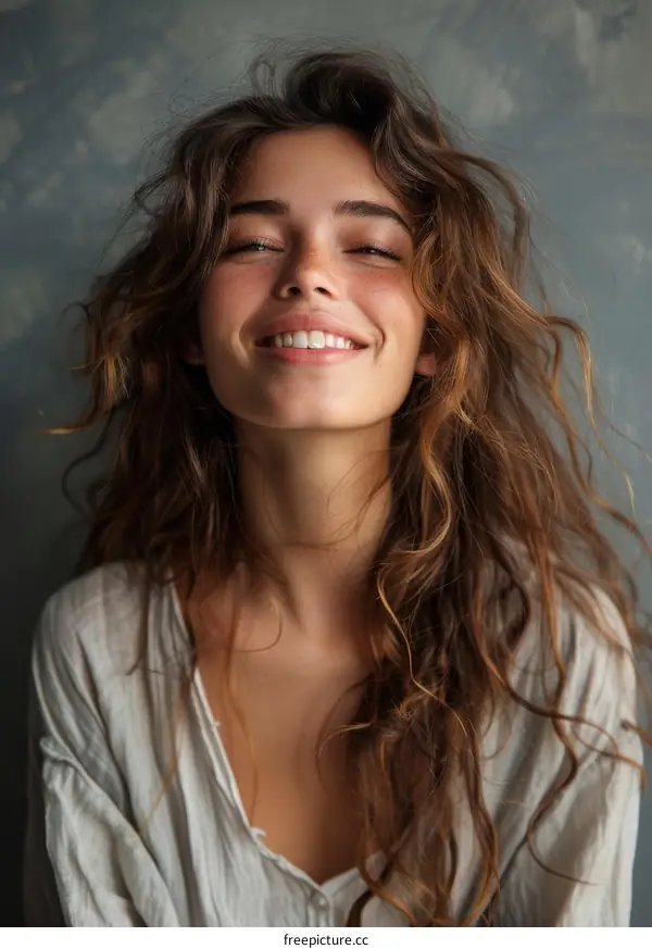 portrait of a beautiful young woman with freckles and curly hair smiling happily
