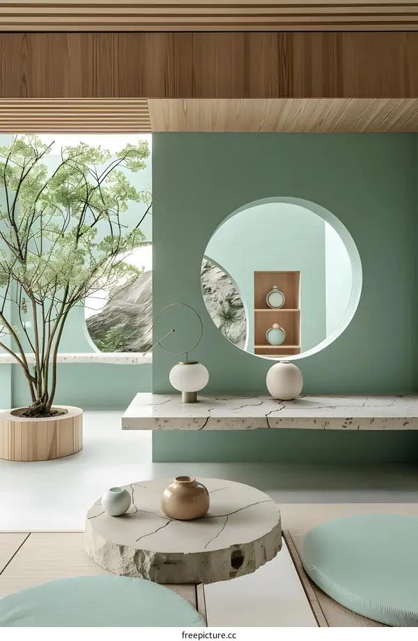 A green room with a tree and a table