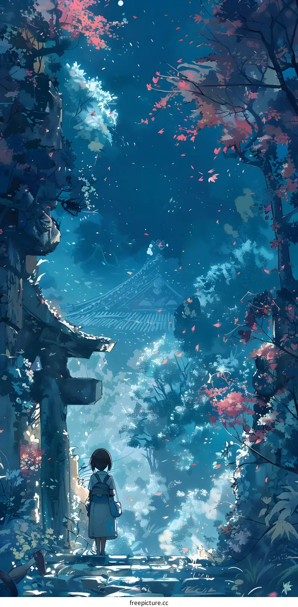 Girl Standing in Front of a Temple with Cherry Blossoms Falling