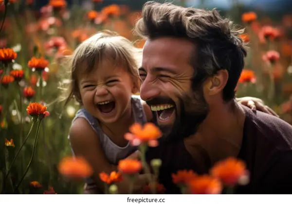 Father and daughter laughing in a field of flowers