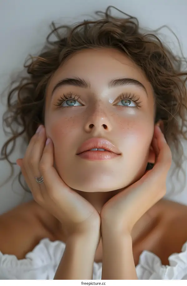 portrait of a young woman with freckles and curly hair