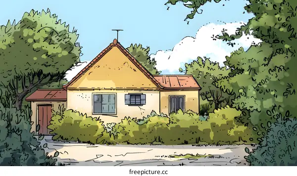 Yellow House with Green Trees in a Countryside Setting