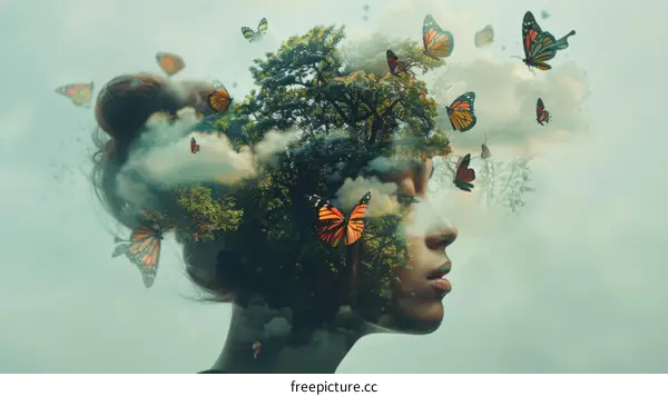 A Womans Mind Filled with Nature and Butterflies