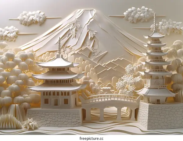 Paper Art Sculpture of Japanese Landscape With Mount Fuji Pagoda Bridge