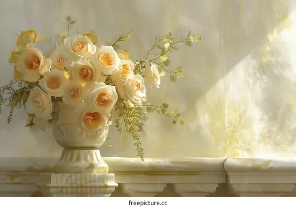 White Roses in a Vase on a Marble Background