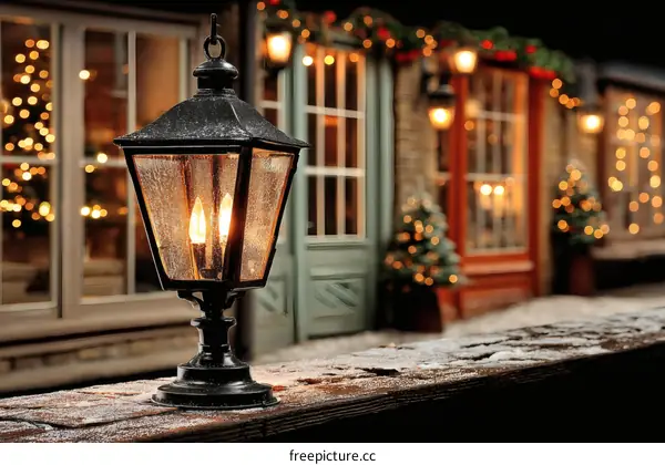 Christmas Street Scene with Vintage Lantern