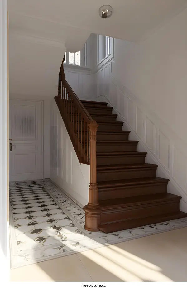 Classic Wooden Staircase in White Hallway with Marble Tiles