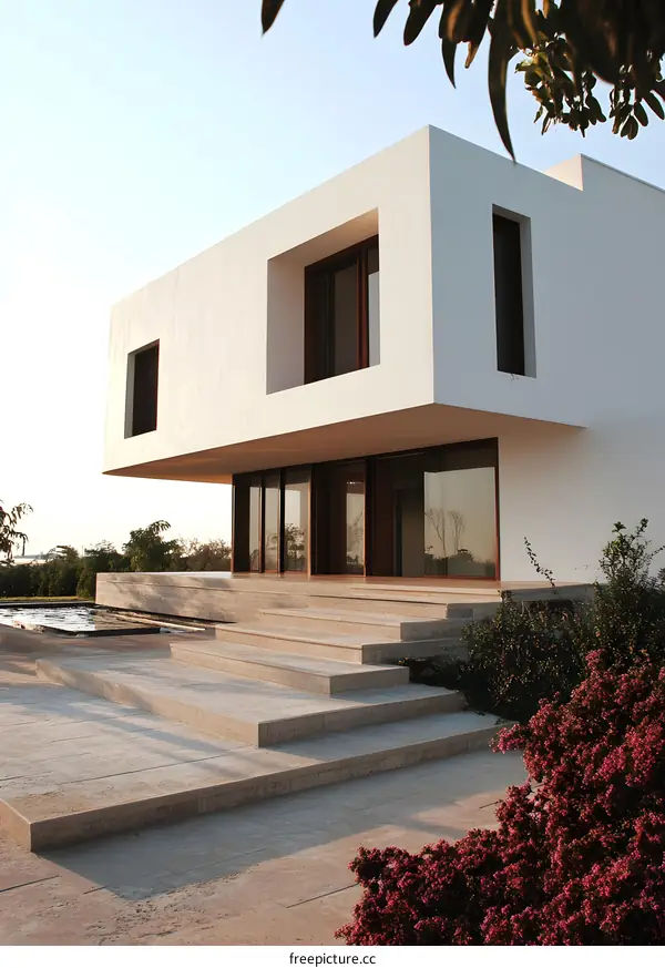 Modern White House with Concrete Stairs and Landscaping